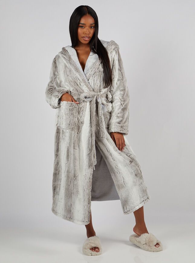 Loungeable Cream Faux Fur Hooded Fleece Dressing Gown | New Look